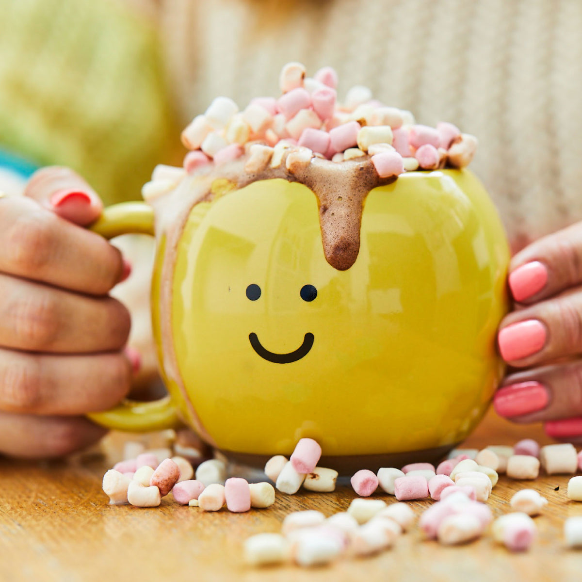 Sass and Belle smiley mug lifestyle image with hot chocolate
