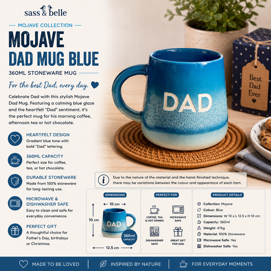 Blue mug with 'DAD' text on a coaster, surrounded by decorative items, with product details displayed.