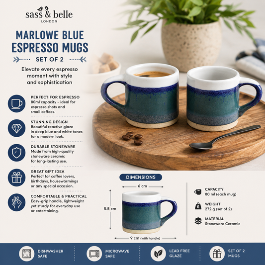 Two espresso mugs with blue rim on a wooden tray, surrounded by coffee beans and a spoon, with product details displayed.
