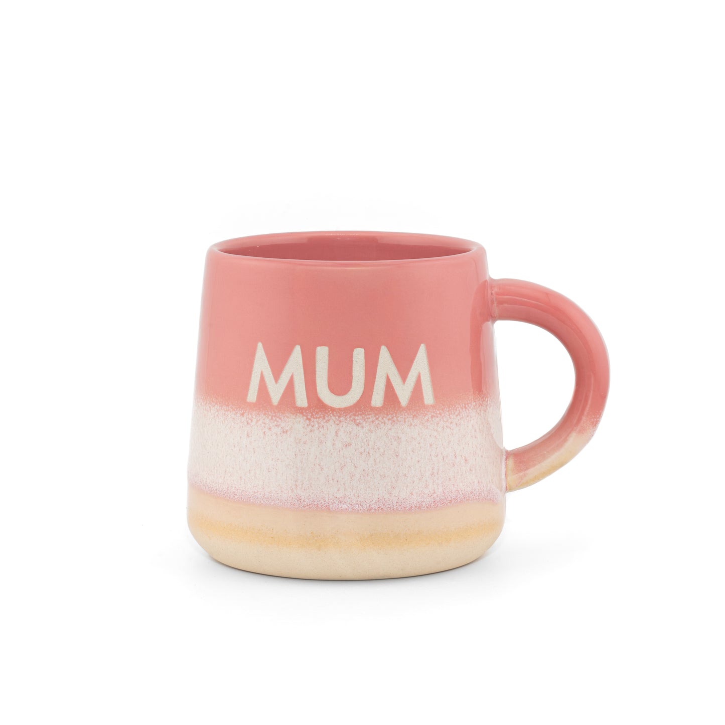 Pink mug with 'MUM' text on a white background