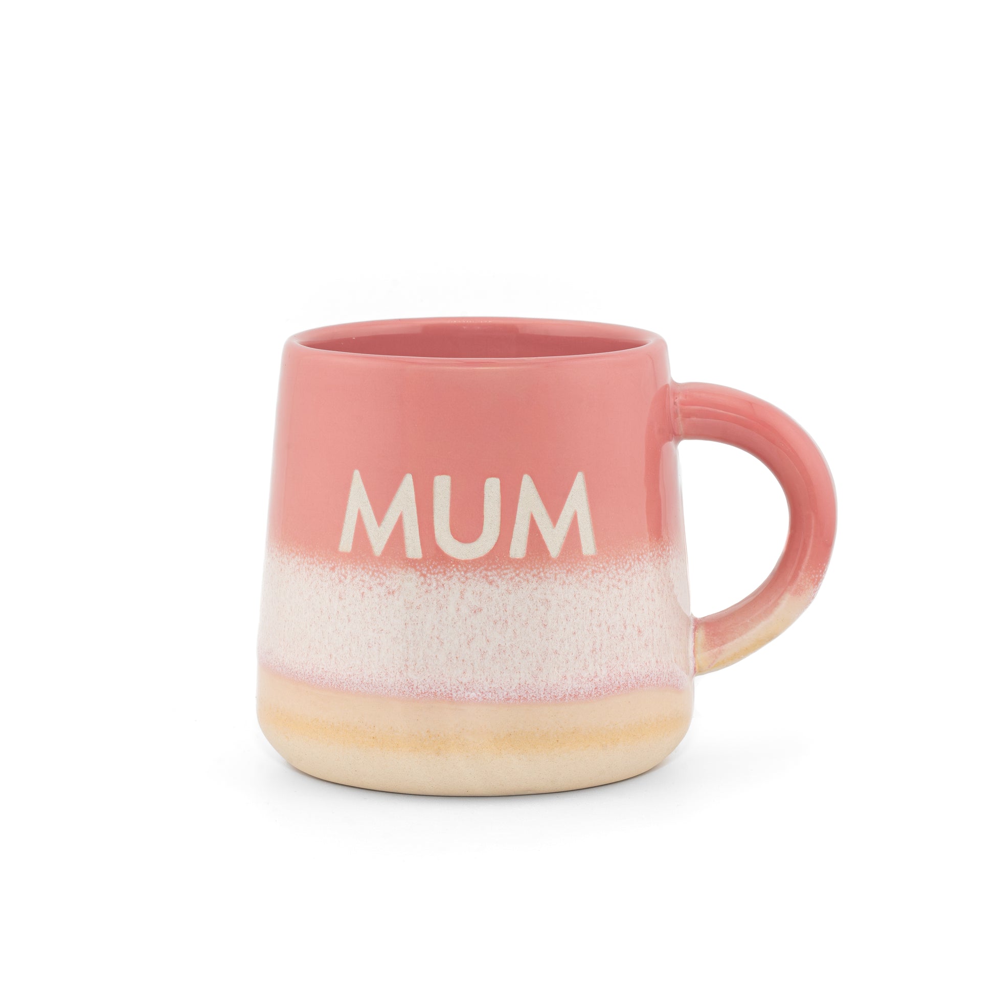 Pink mug with 'MUM' text on a white background