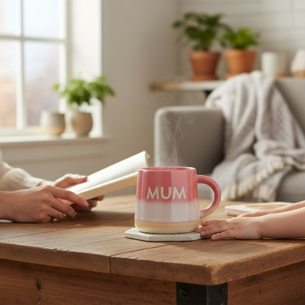 Person reading a book with a steaming mug labeled 'MUM' on a wooden table in a cozy living room.