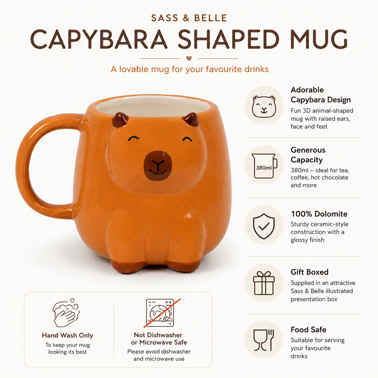 Sass & Belle Capybara Shaped Mug – 380ml Cute Animal Gift Mug