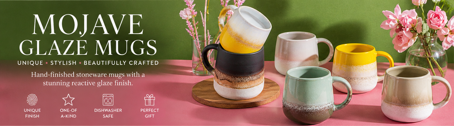 Collage of Mojave Glaze Mugs with various designs and colors on a pink table.