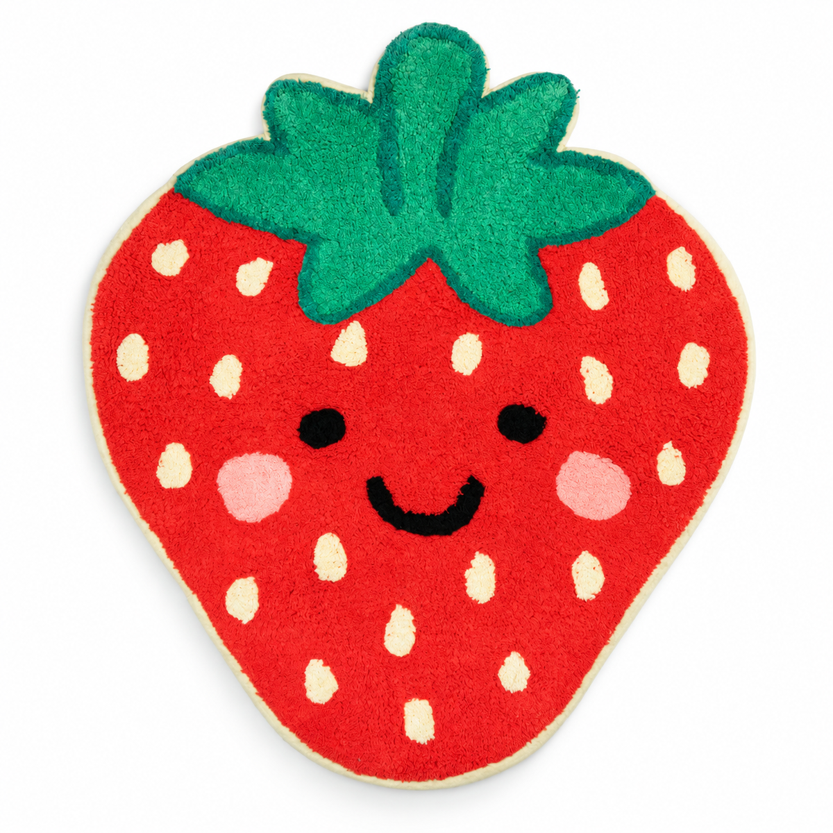 Sass & Belle Strawberry Rug red cotton strawberry-shaped rug with smiling face