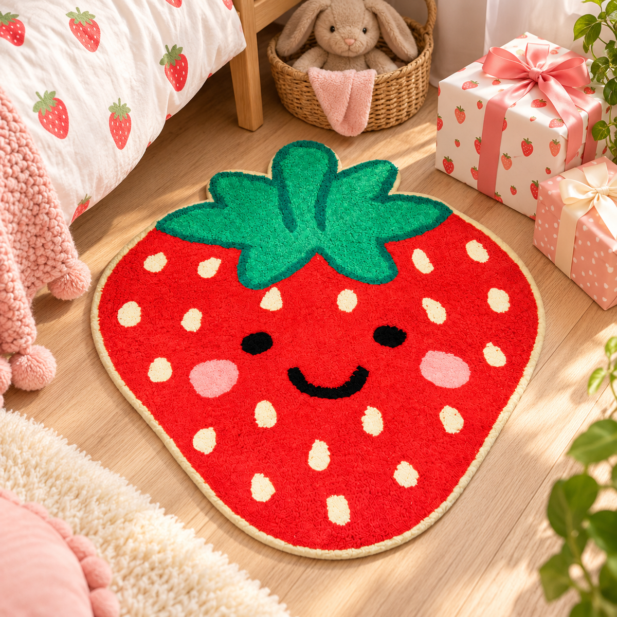 Side view of Sass & Belle Strawberry Rug showing cotton texture and backing