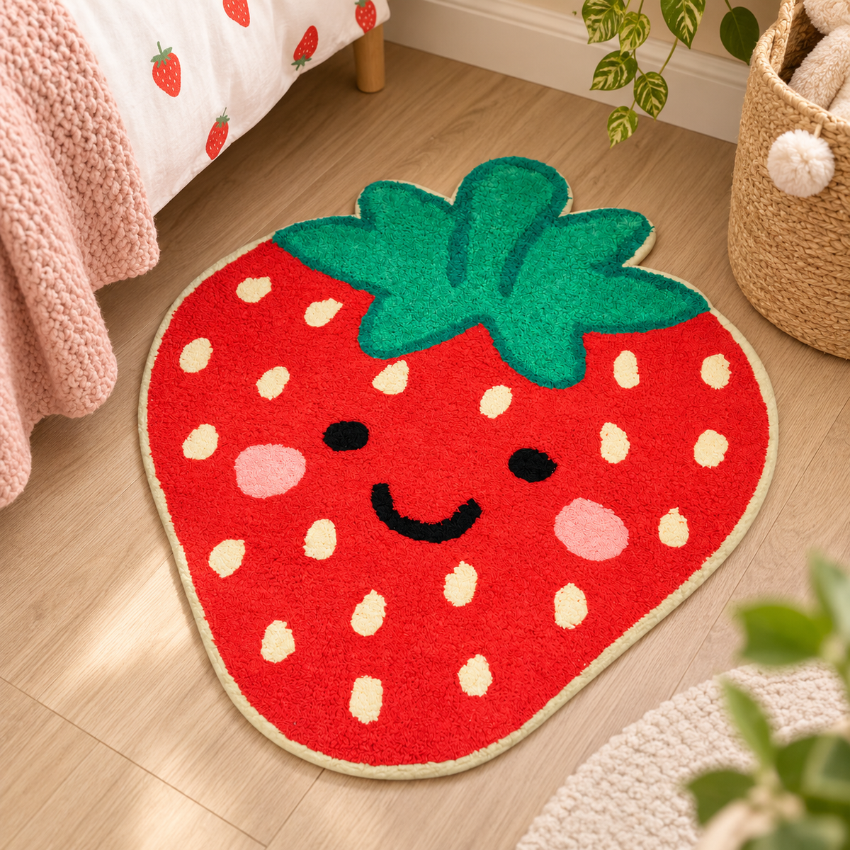 Cute Sass & Belle strawberry rug styled beside a bed in a colourful bedroom