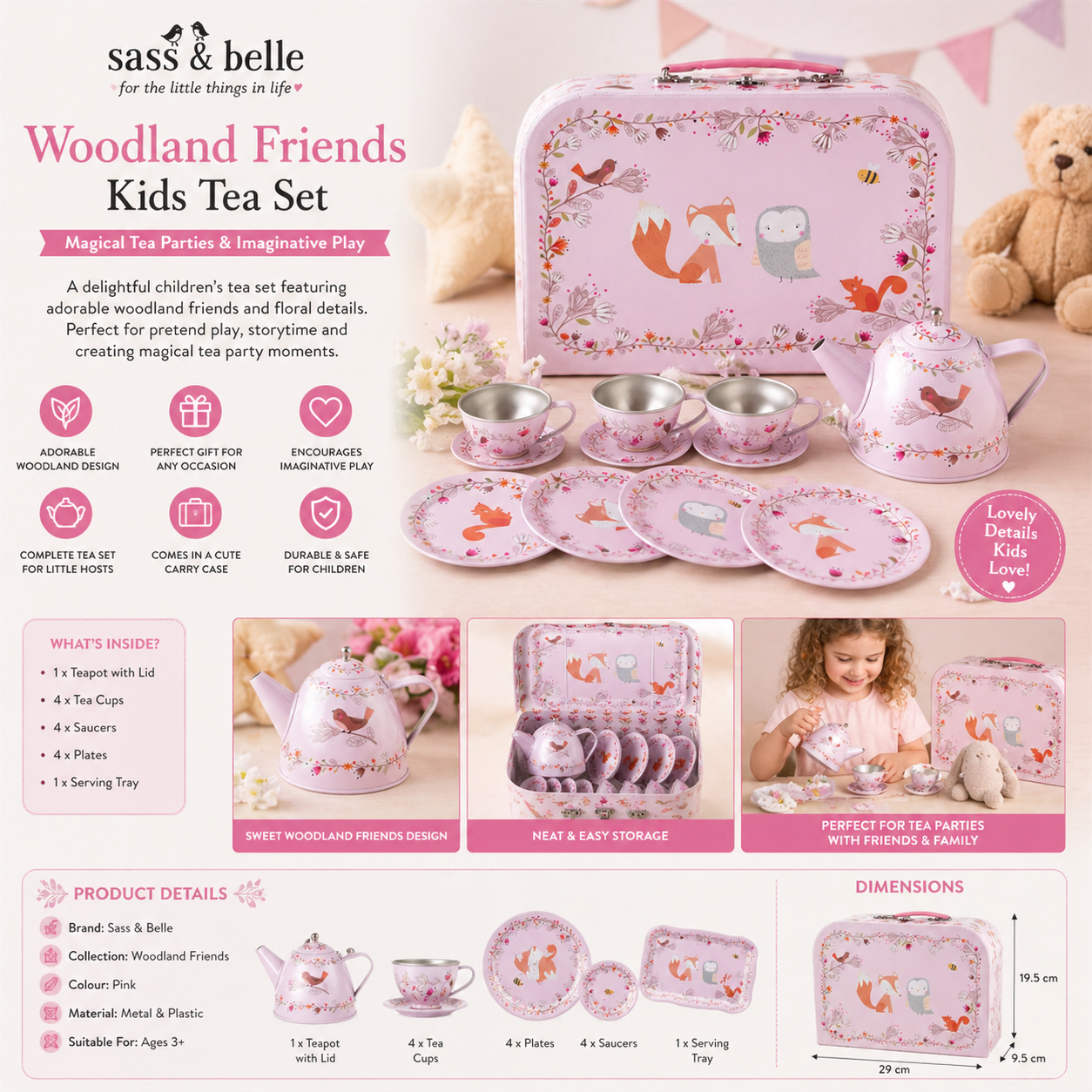Sass & Belle woodland tea set toy in pink suitcase