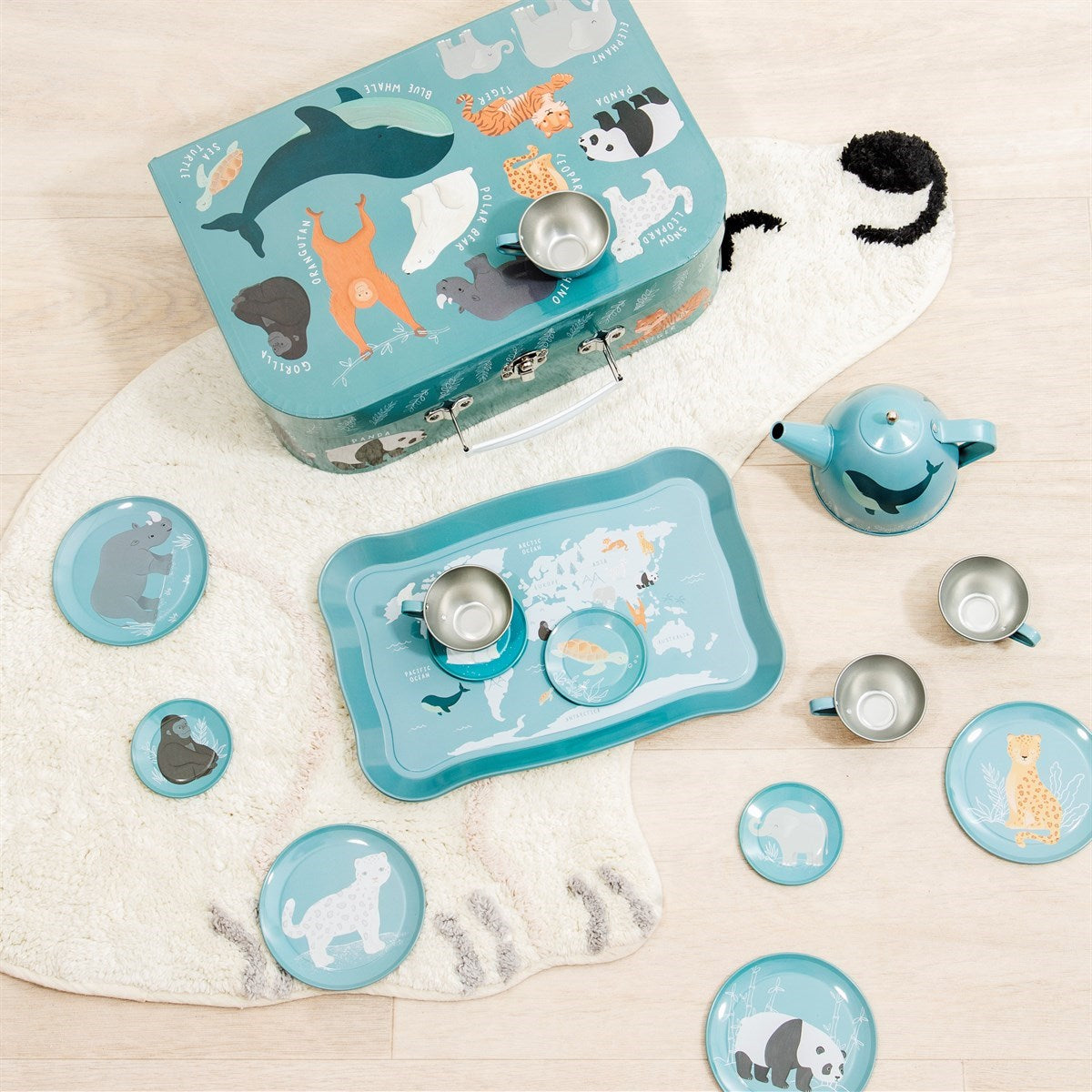 Sass & Belle Endangered Animals 10-Piece Tin Tea Set laid out with tray and cups.