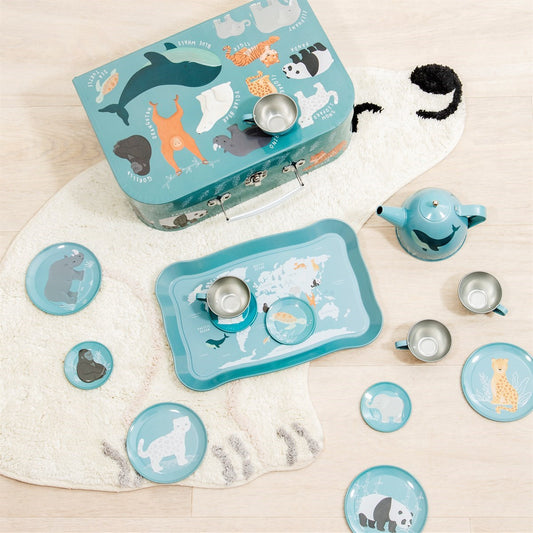 Sass & Belle Endangered Animals 10-Piece Tin Tea Set laid out with tray and cups.