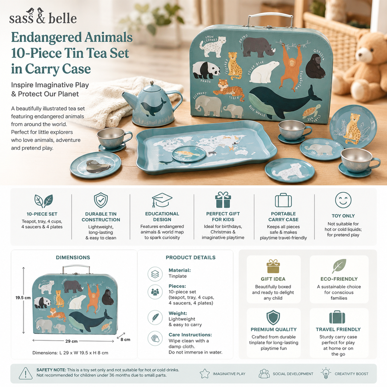 Sass & Belle endangered animals 10-piece tin tea set with carry case on a table.