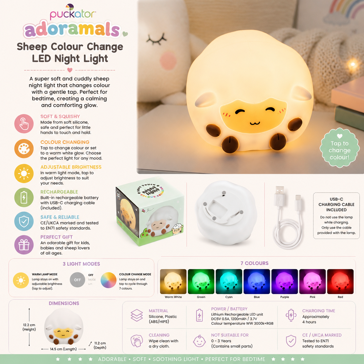 Puckator Adoramals sheep LED night light glowing warm white
