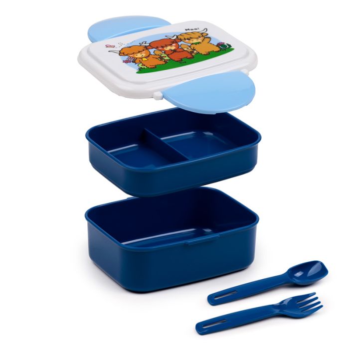 Adoramals Highland Coo Clip Lock Stacked Bento Lunch Box with Cutlery