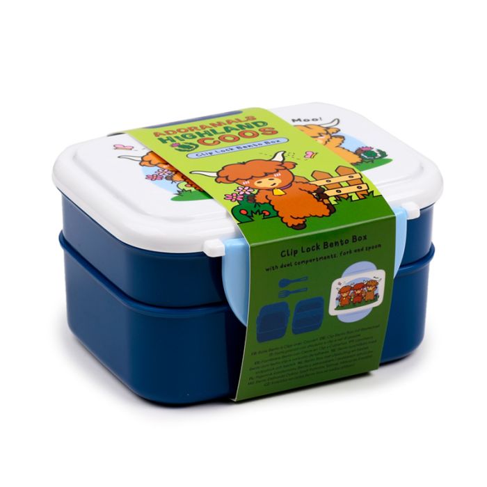 Adoramals Highland Coo Clip Lock Stacked Bento Lunch Box with Cutlery