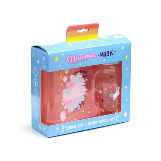 Puckator Unicorn Magic Lunch Box & Water Bottle Set in display gift packaging