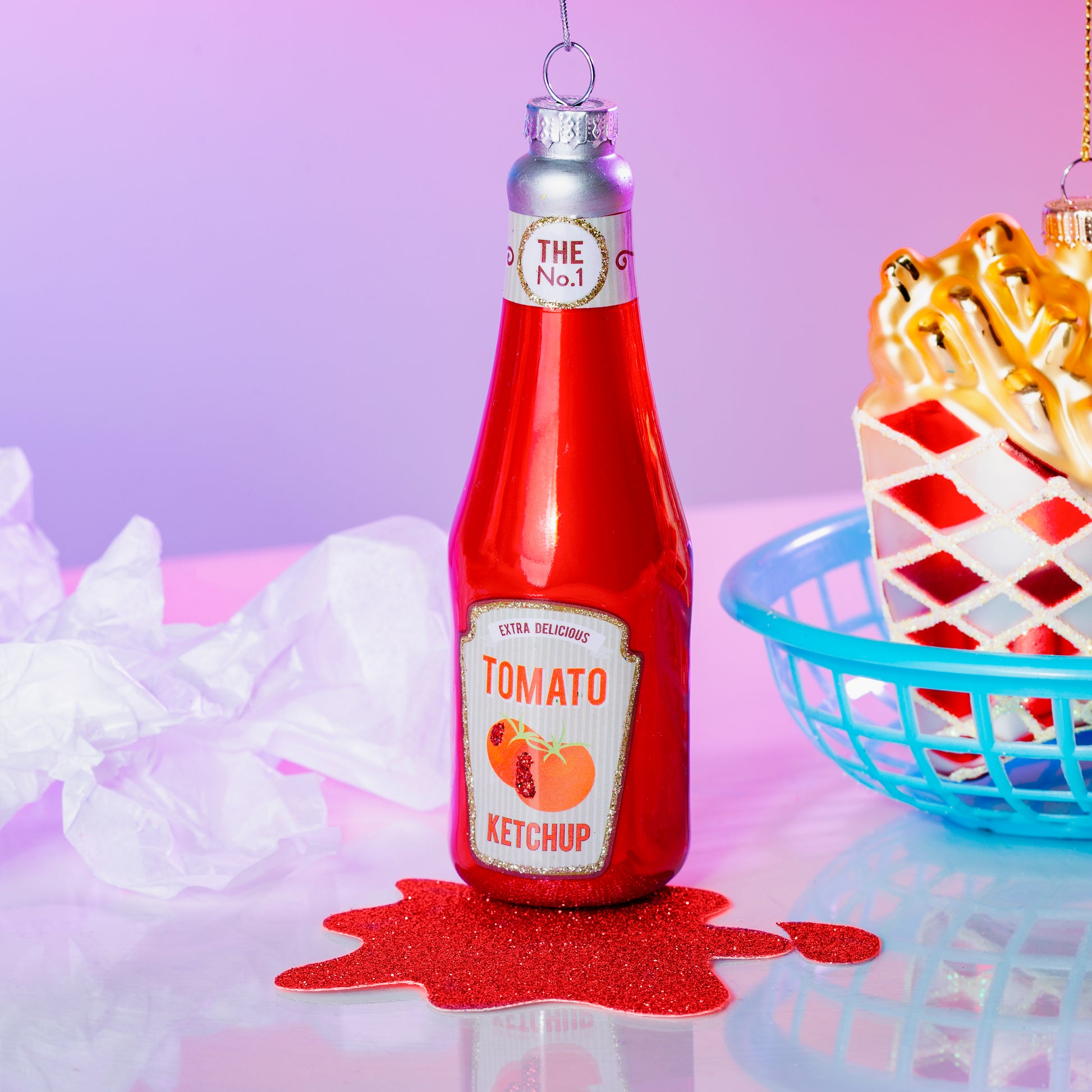 Sass & Belle Ketchup Bottle Bauble paired with fries and burger ornaments – festive food décor