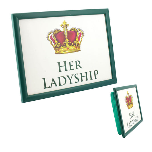 Her Ladyship lap tray showing green beanbag cushion base