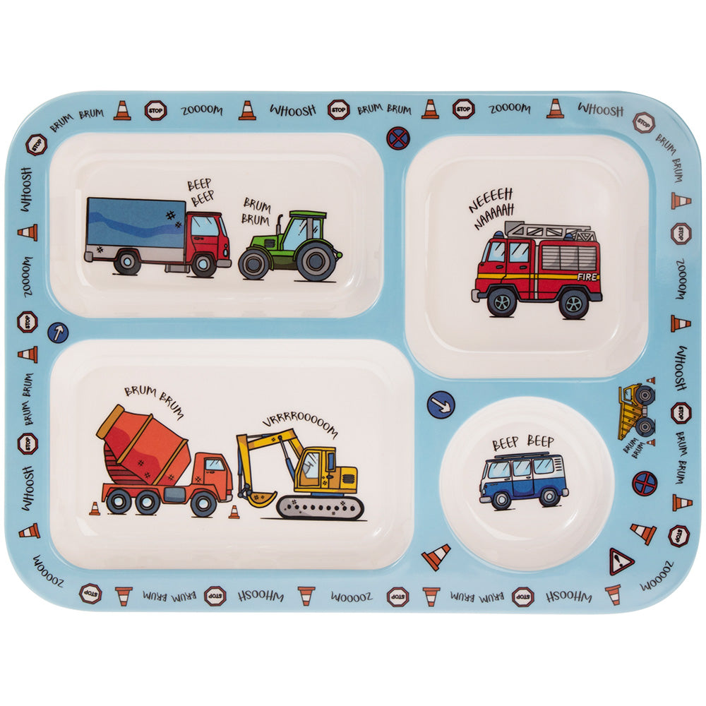 Kids snack tray with car and vehicle illustrations