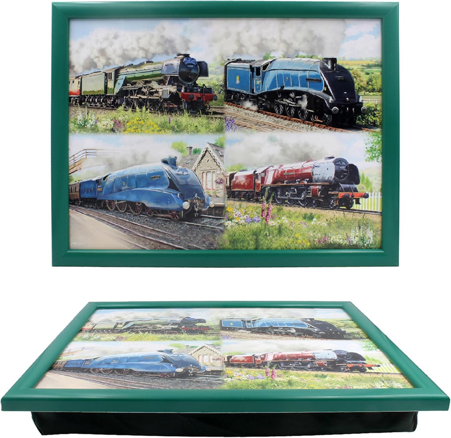 Steam train design padded lap tray green frame for meals