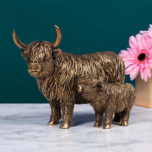 Bronze Highland Cow and Calf Ornament Figure