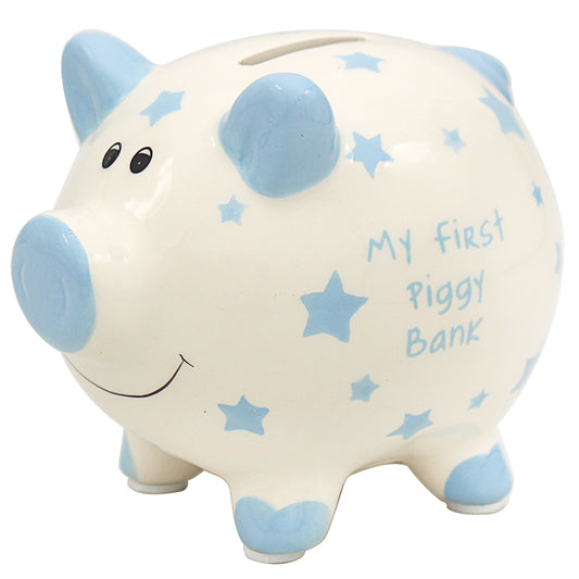 Front view of the My First Blue Piggy Coin Bank with smiling face