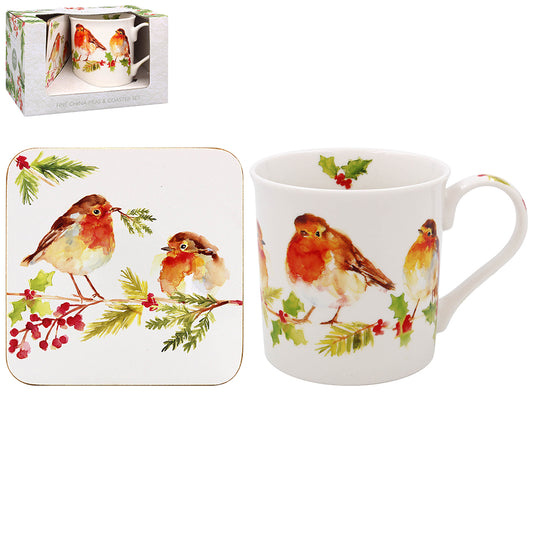 Jennifer Rose Gallery Winter Robin Mug and Coaster Set