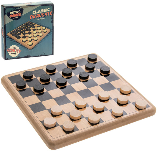 Wooden draughts board game with checkers set up on square board