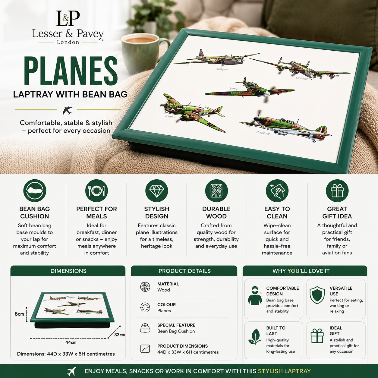 Lesser & Pavey Planes Lap Tray with Bean Bag Cushion featuring WWII aircraft