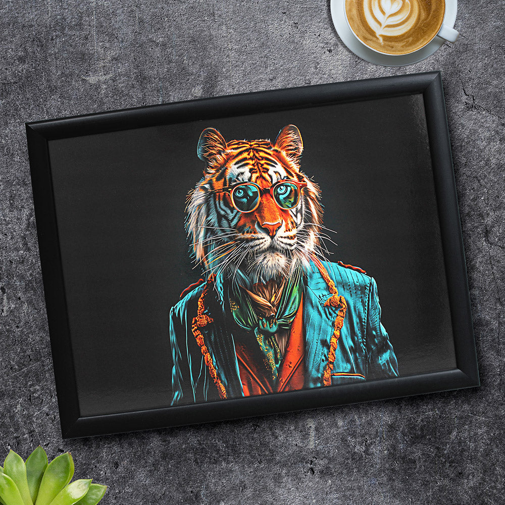 Urban Art Jungle Boogie tiger lap tray on table with coffee