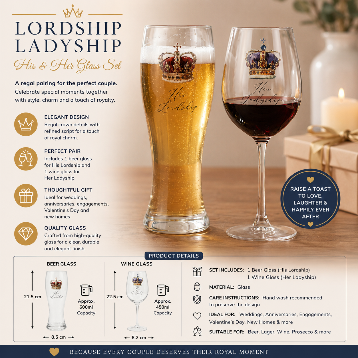 Two glasses labeled 'His' and 'Her' with beer and wine, surrounded by product details and design elements.