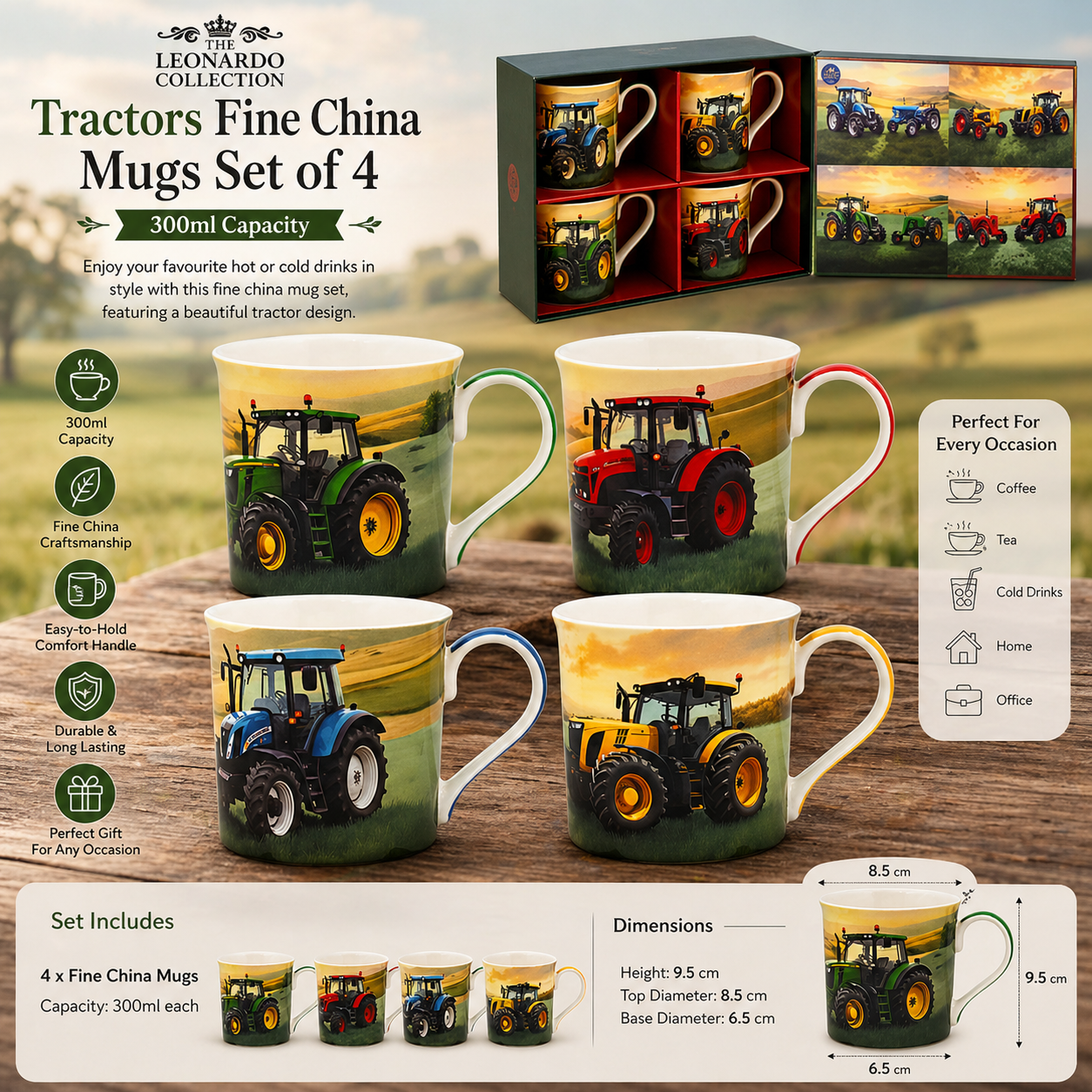 Tractor design mug gift set with four coloured farming mugs