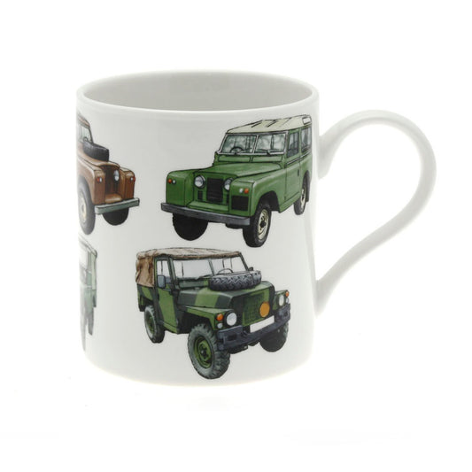 Fine China 4x4 Land Rover Mug – green and brown car illustrations.