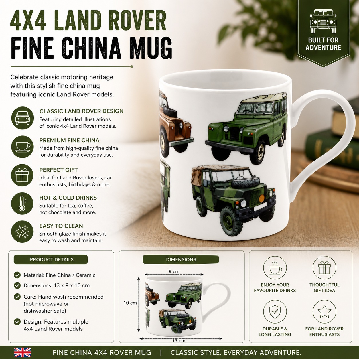 Fine China 4x4 Land Rover Mug – green and brown car illustrations.