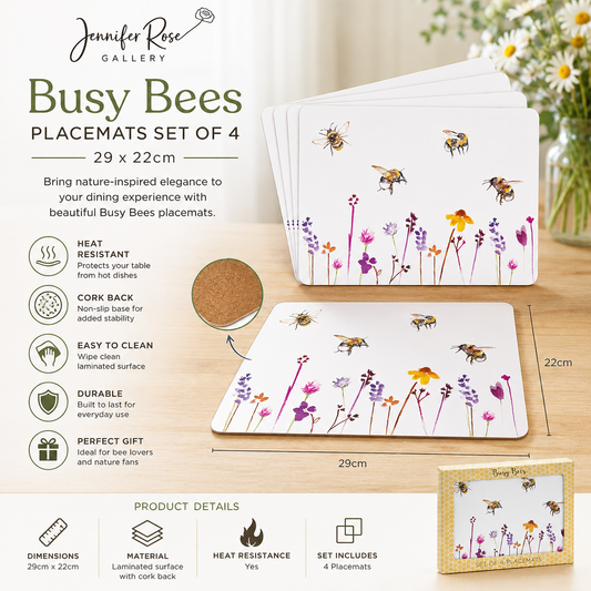 Set of four 'Busy Bees' placemats on a wooden surface with product details.
