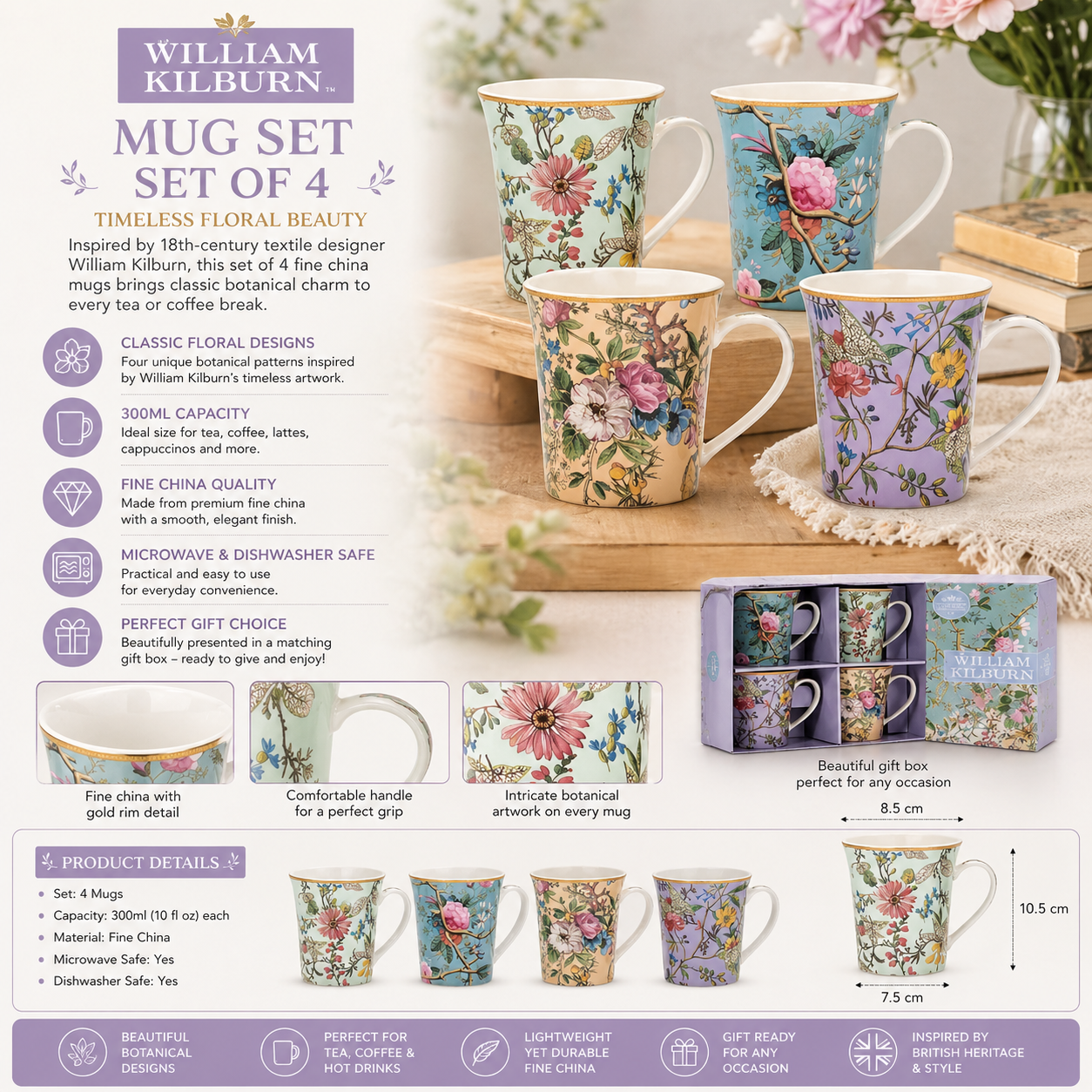 Set of 4 William Kilburn Fine China Mugs
