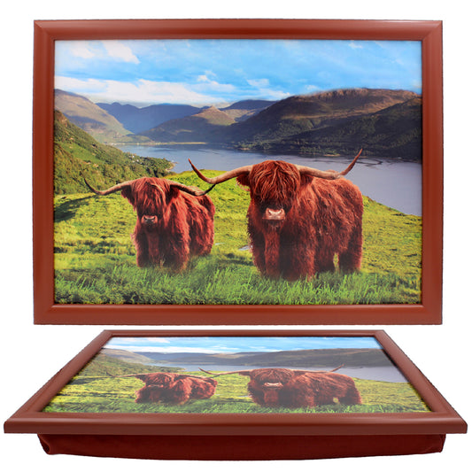 Highland Cow cushioned lap tray with scenic Scottish backdrop