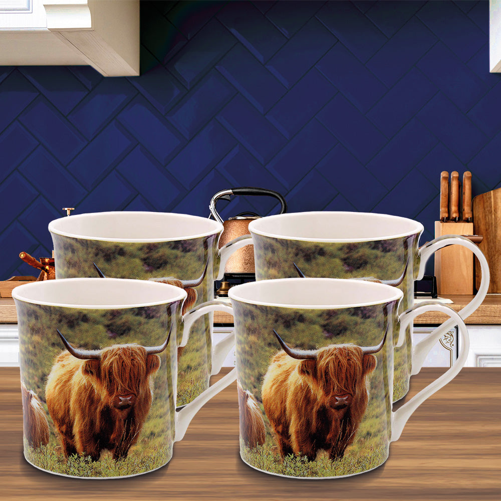 Country Highland Cow & Calf Fine China Mugs Set of 4