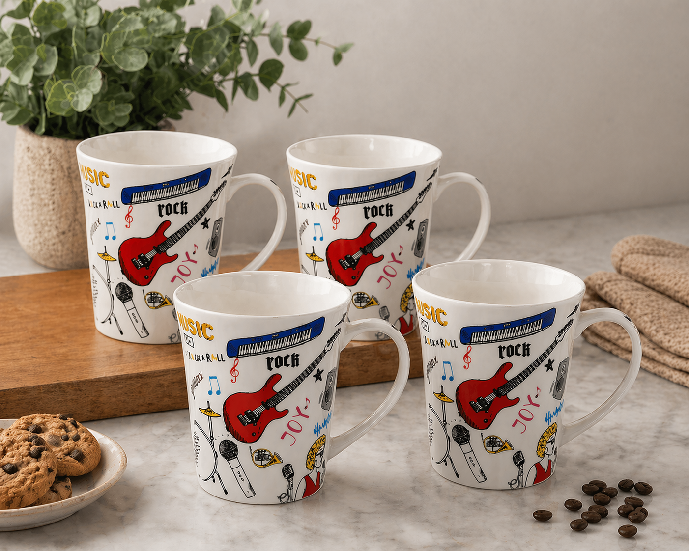 Music themed mug set with guitar and keyboard design