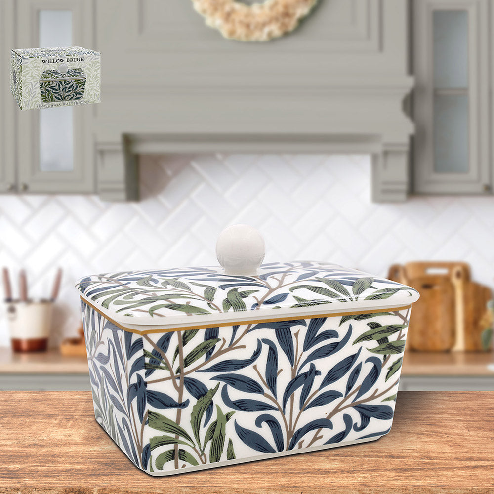 Willow Bough design ceramic butter dish on kitchen counter – large 17cm butter keeper