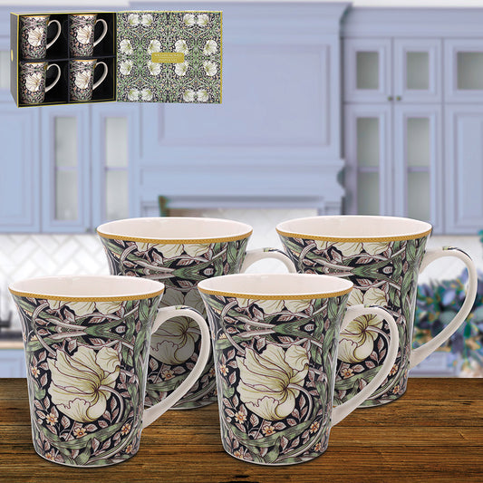 Close-up of William Morris Pimpernel fine china mugs set of 4