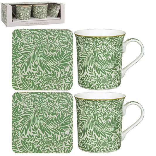 Close-up of William Morris Larkspur fine china mugs with matching coasters