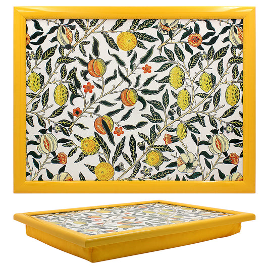 William Morris "Fruits" design lap tray with wooden frame and cushioned base, measuring 44x34x6 cm – ideal for meals, laptops, or crafts