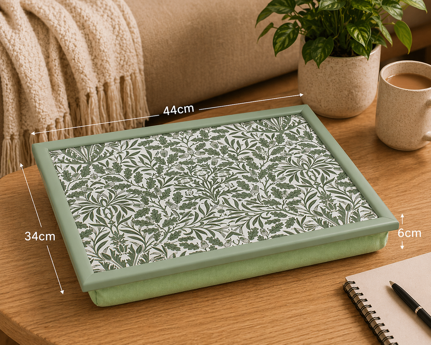 William Morris Acorn lap tray with cushion on wooden table