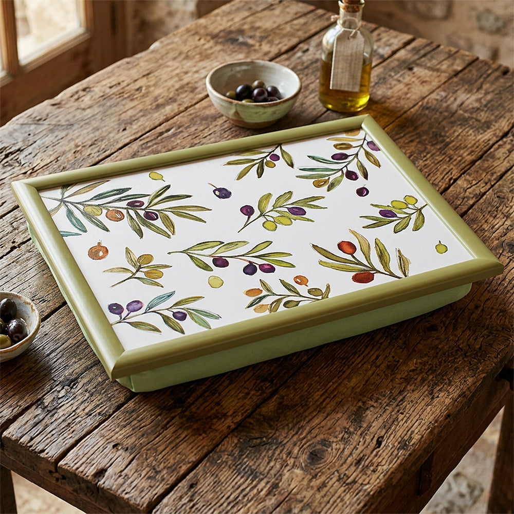Olive Grove wooden lap tray on rustic table with olive design