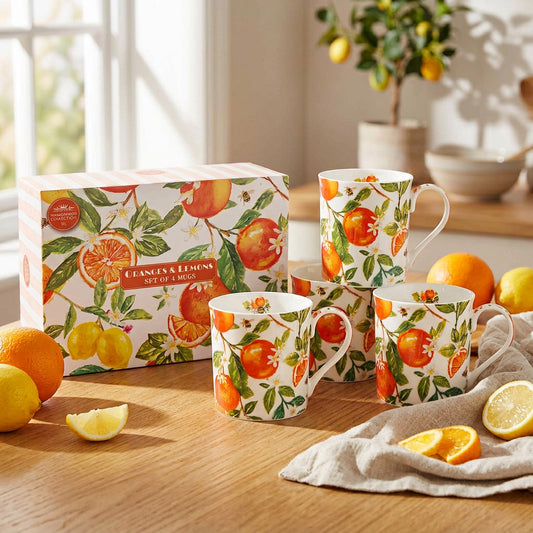 Oranges and lemons fine china mugs set of 4 gift boxed