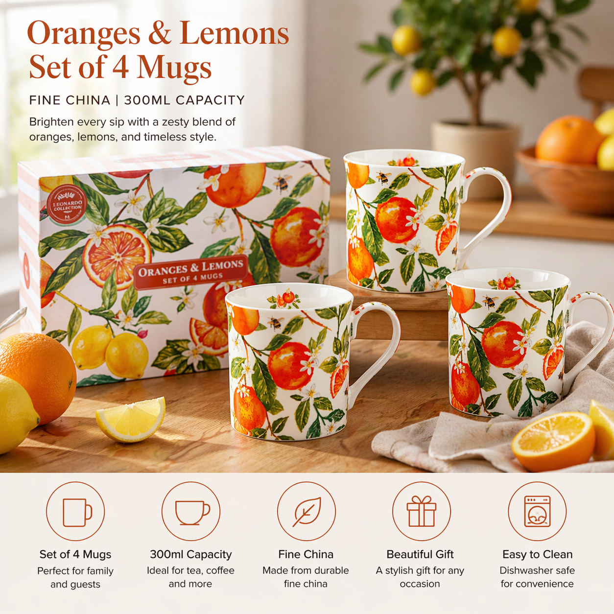 Oranges and lemons fine china mugs set of 4 gift boxed
