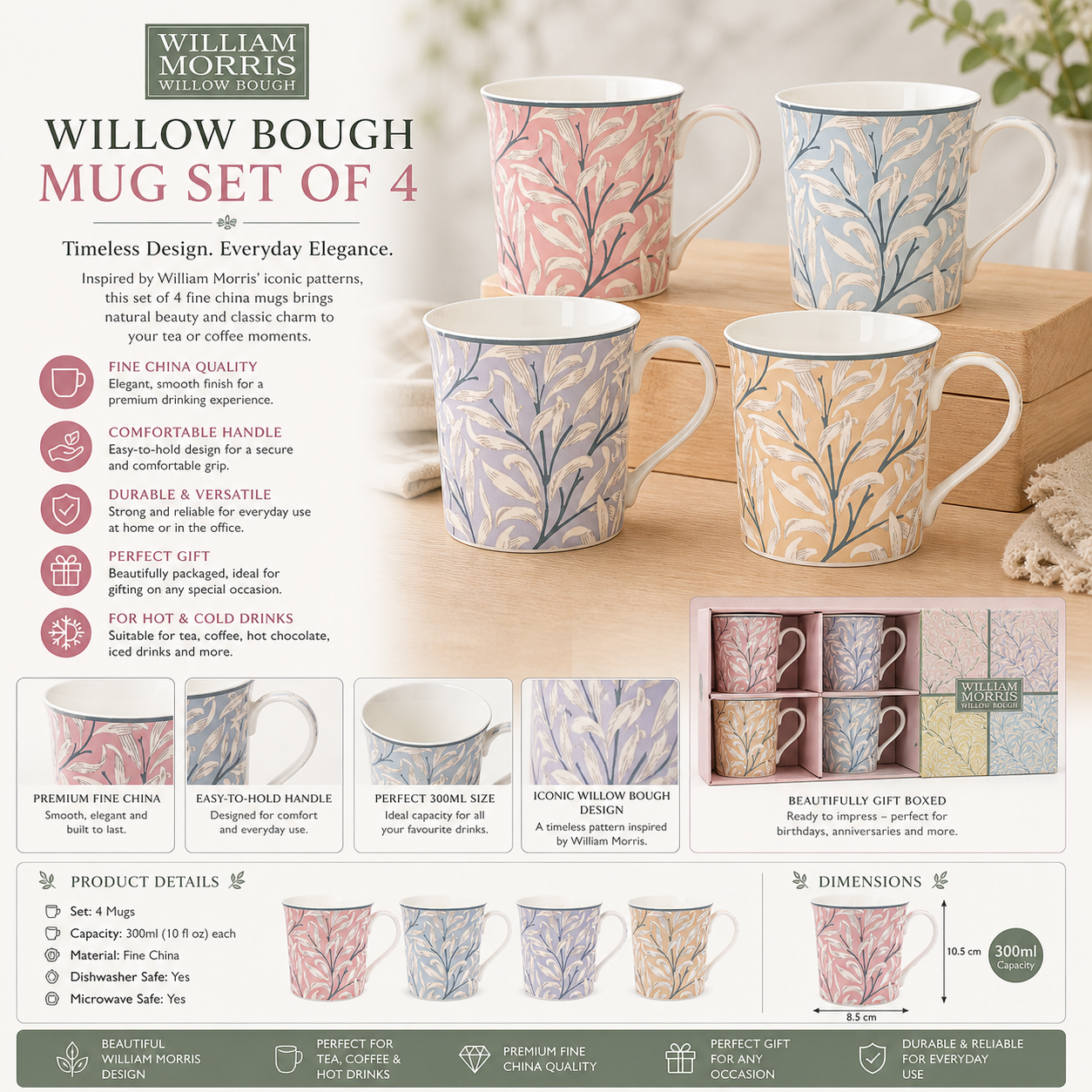 Leonardo Collection Willow Bough mug set pastel colours