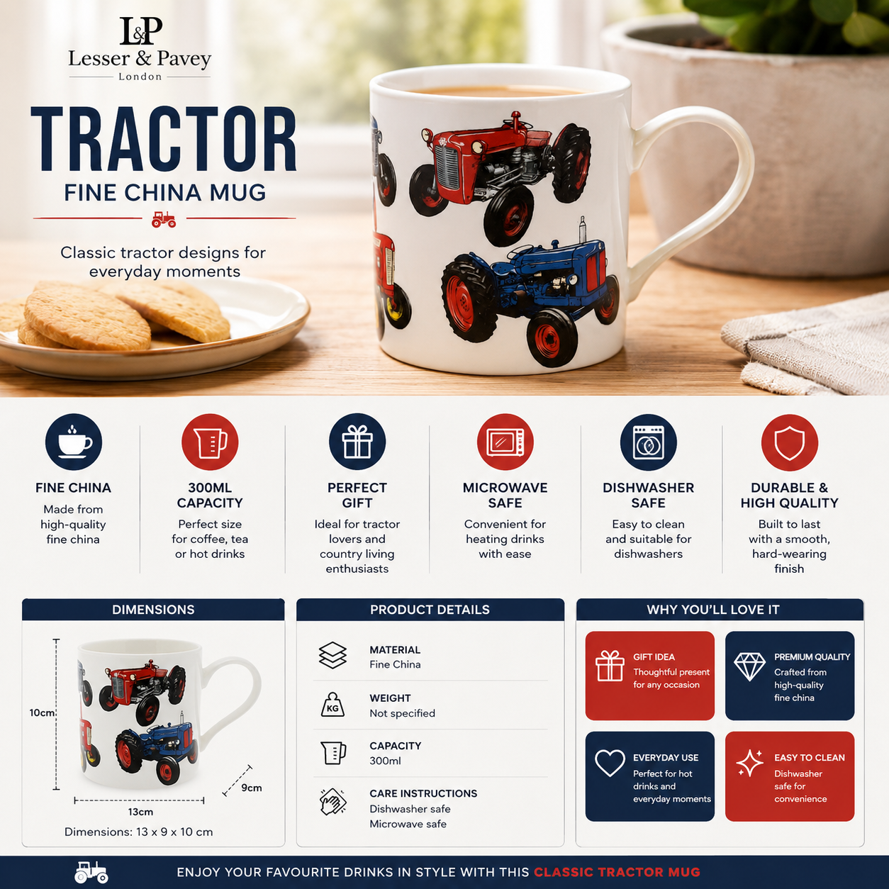 White mug with tractor design on a wooden table, featuring Lesser & Pavey branding.