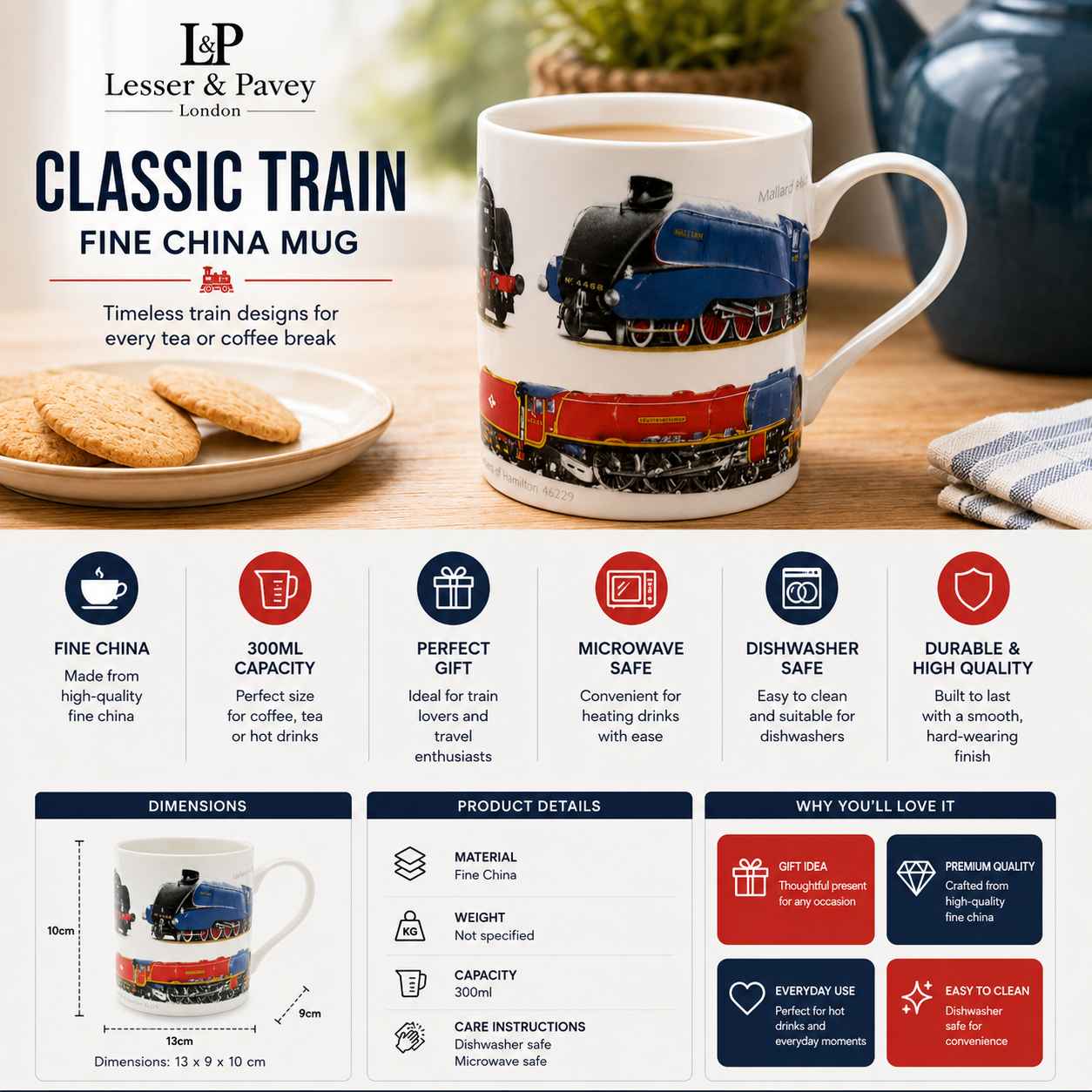 Lesser & Pavey Classic Train Fine China Mug with vintage steam locomotive design