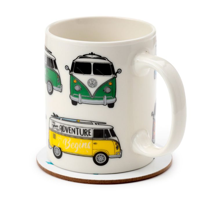 Volkswagen VW T1 Camper Bus Porcelain Mug & Coaster Set